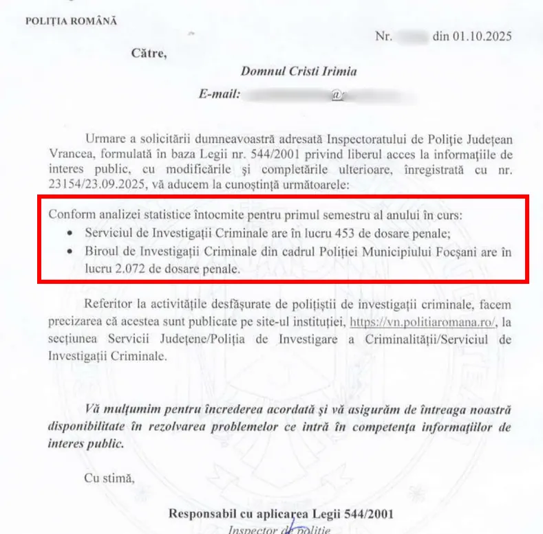 Raspuns IPJ Vrancea dosare in lucru 2025